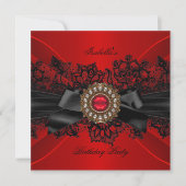 Invitation Joyau rouge élégant Black Lace Bow fête d'annivers (Devant)