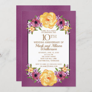 Invitation Joyau Tone violet jaune floral 10e anniversaire