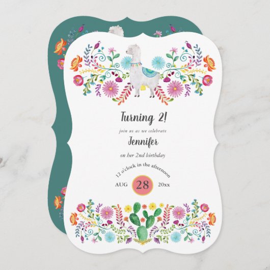 Invitation Joyeuse 2ème anniversaire fille FIESTA LLAMA Fleur (Devant / Derrière)