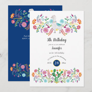 Invitation Joyeuse 5e anniversaire fille FIESTA LLAMA Fleurs