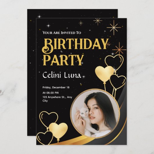 Invitation Joyeuse à l'Anniversaire Noir Et Or (Devant / Derrière)