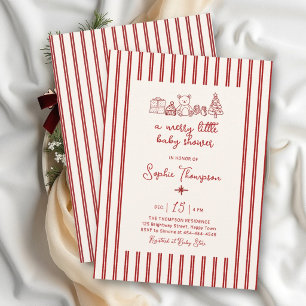 Invitation Joyeuse Baby Shower Petite Rayure Rouge de Noël