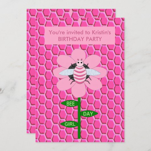 Invitation Joyeuse Bee Day Girl rose Anniversaire Bumblebee C (Devant / Derrière)