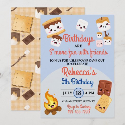 Invitation Joyeuse fête d'anniversaire avec des S'mores en ca (Devant / Derrière)