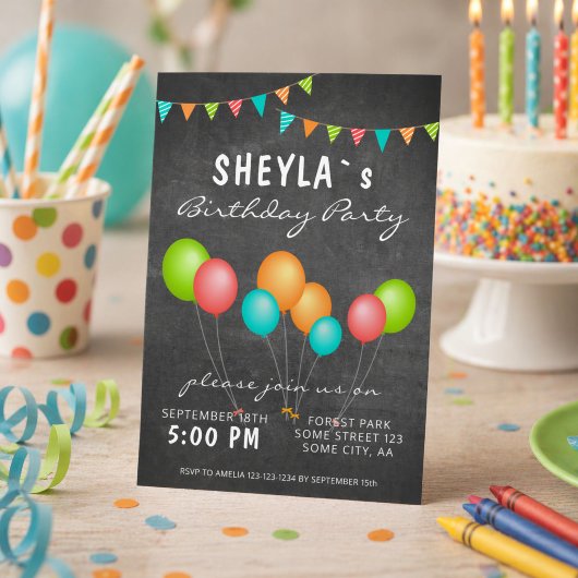 Invitation Joyeuse fête d'anniversaire avec tableau noir et b