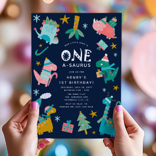 Invitation Joyeuse fête d'anniversaire de Noël en hiver Dino 