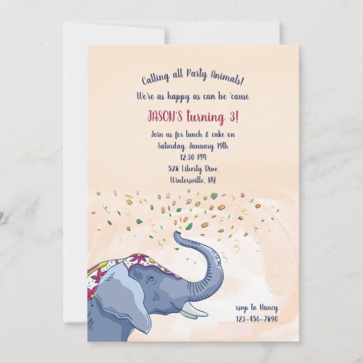 Invitation Joyeuse fête d'anniversaire des éléphants (Devant)