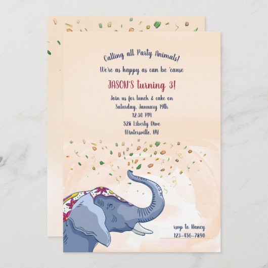 Invitation Joyeuse fête d'anniversaire des éléphants (Devant / Derrière)