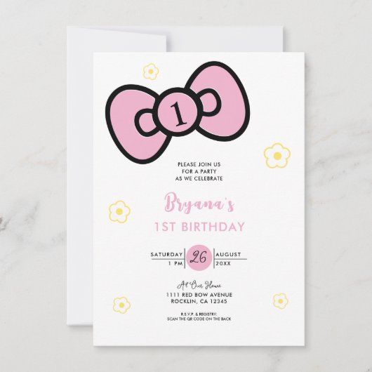 Invitation Joyeuse Fête d'Anniversaire Rose et Mignonne avec (Devant)