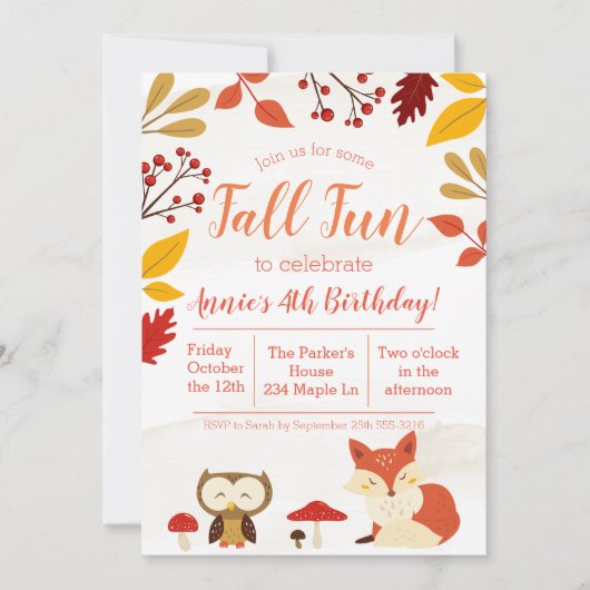 Invitation Joyeuse Fête d'Automne Animaux de la Forêt Anniver (Devant)