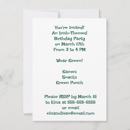 Invitation Joyeuse fête de la Saint Patrick de l'enfant de Le (Dos)