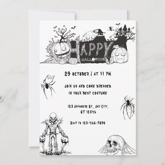 Invitation Joyeuse fête d'Halloween noire et blanche effrayan (Devant)