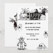 Invitation Joyeuse fête d'Halloween noire et blanche effrayan (Devant / Derrière)