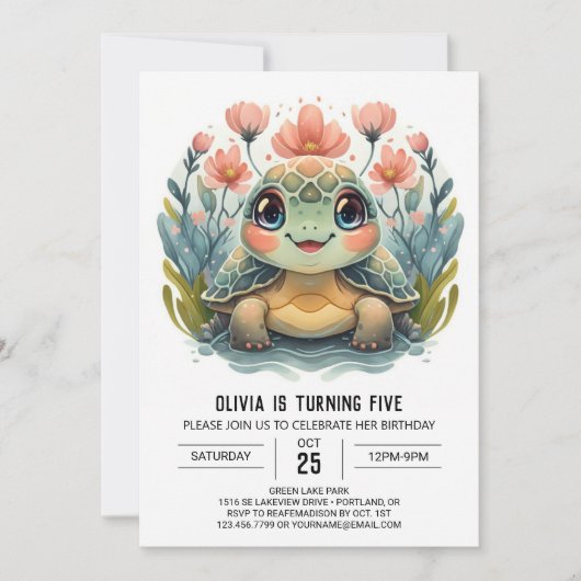 Invitation Joyeuse fille de tortue Editable Anniversaire (Devant)