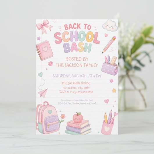 Invitation Joyeuse rentrée scolaire pastel rose (Debout devant)
