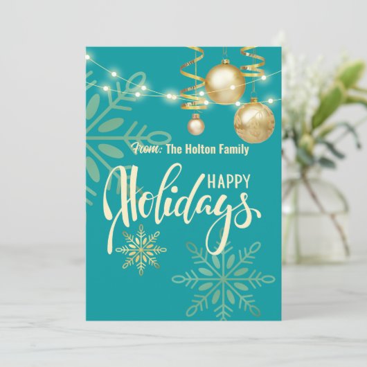 Invitation Joyeuses fêtes flocons de neige dorés et ornements (Debout devant)