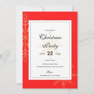 Invitation Joyeuses fêtes Noël, flocons d'or, rouge
