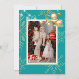 Invitation Joyeuses fêtes Noël, flocons d'or, rouge