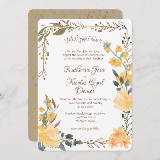 Invitation Joyeuses fleurs dorées (Devant / Derrière)