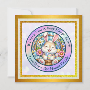 Invitation Joyeuses Pâques avec un lapin mignon, des œufs et 