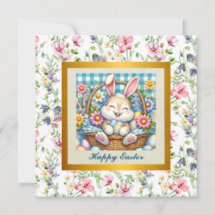Invitation Joyeuses Pâques avec un lapin mignon, des œufs et 