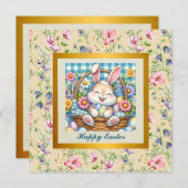 Invitation Joyeuses Pâques avec un lapin mignon, des œufs et  (Devant / Derrière)