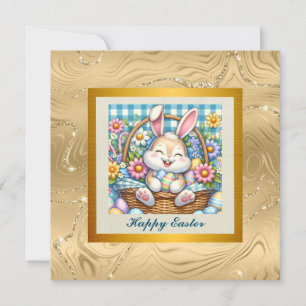 Invitation Joyeuses Pâques avec un lapin mignon, des œufs et 