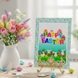Invitation Joyeuses Pâques Fleur et Lapin de Jardin Style 3D