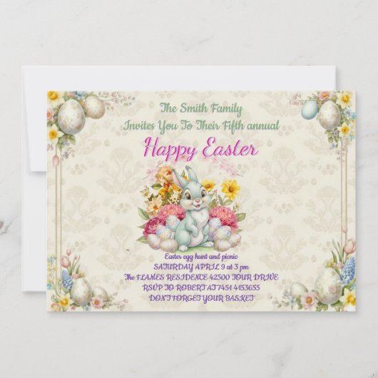 Invitation Joyeuses Pâques Lapin Mignon (Devant)