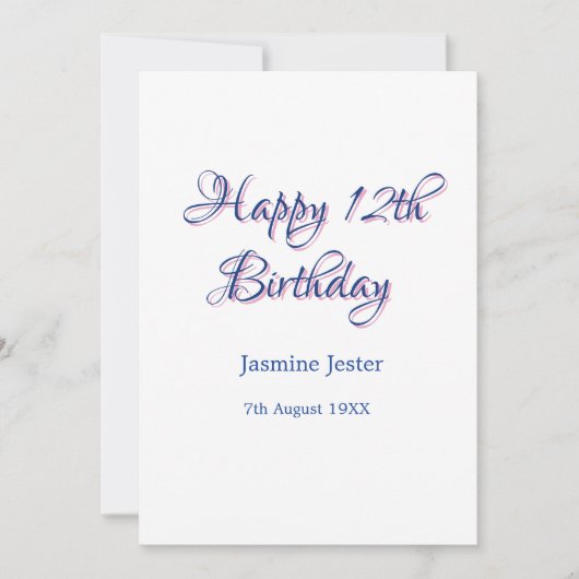 Invitation joyeux 12ème anniversaire bleu rose nom date simpl (Devant)