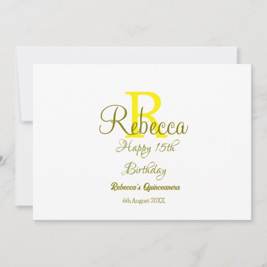 Invitation Joyeux 15e anniversaire jaune ajouter nom monogram (Devant)
