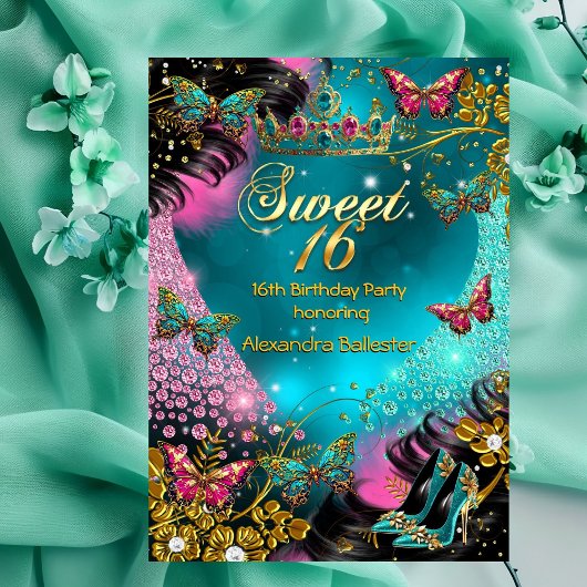 Invitation Joyeux 16e anniversaire Papillon sarcelle rose or