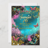 Invitation Joyeux 16e anniversaire Papillon sarcelle rose or (Devant)