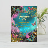 Invitation Joyeux 16e anniversaire Papillon sarcelle rose or (Debout devant)