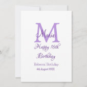 Invitation Joyeux 16e anniversaire violet ajouter nom monogra (Dos)