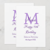 Invitation Joyeux 16e anniversaire violet ajouter nom monogra (Devant / Derrière)