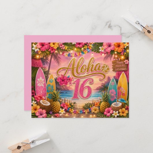 Invitation Joyeux 16ème Anniversaire Aloha (Devant/Arrière en situation)