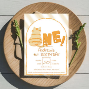Invitation Joyeux 1er anniversaire au chat orange gros et mig