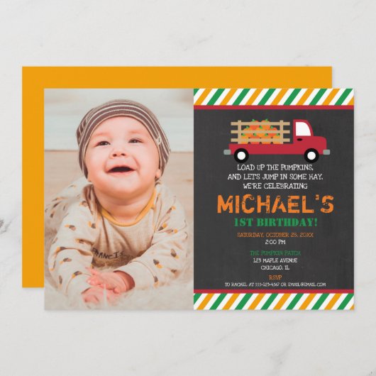 Invitation Joyeux 1er anniversaire citrouille patch halloween (Devant / Derrière)