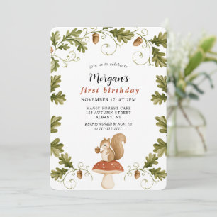 Invitation Joyeux 1er Anniversaire Écureuil Mignon Forêt Bois