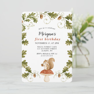 Invitation Joyeux 1er Anniversaire Écureuil Mignon Forêt Bois