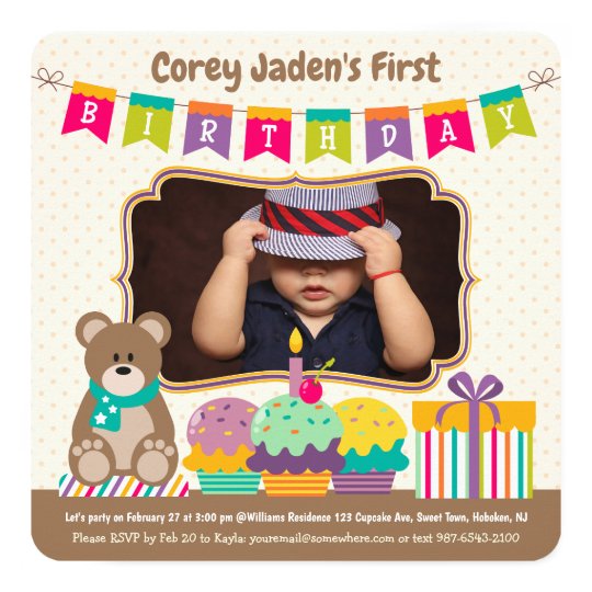 Invitation Joyeux 1er Anniversaire Nounours Cupcake Bunting P Zazzle Be