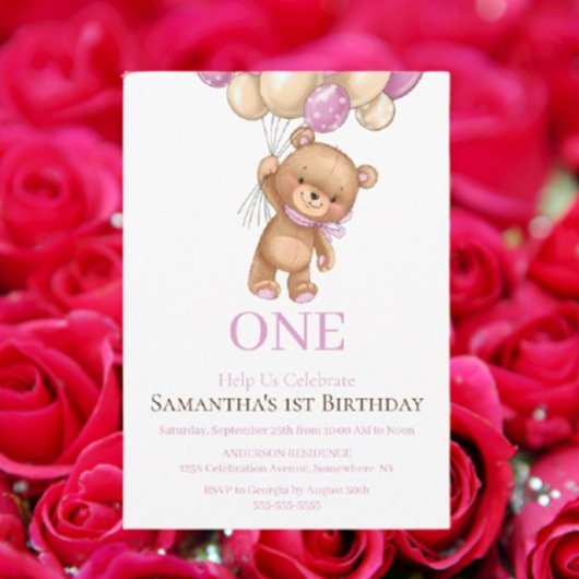 Invitation joyeux 1er anniversaire ours en peluche