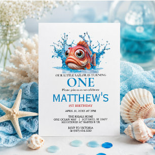 Invitation Joyeux 1er Anniversaire Poisson Bleu Eau Mignonne