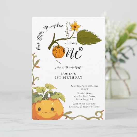 Invitation Joyeux 1er Anniversaire Terre Citrouille Souriante (Debout devant)