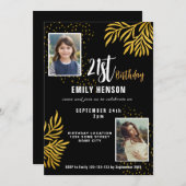Invitation Joyeux 21e anniversaire Gold Foliage 2 Photo Party (Devant / Derrière)