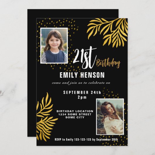 Invitation Joyeux 21e anniversaire Gold Foliage 2 Photo Party (Devant / Derrière)