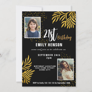 Invitation Joyeux 21e anniversaire Gold Foliage 2 Photo Party