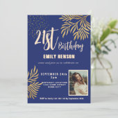 Invitation Joyeux 21e anniversaire Gold Foliage Photo Party (Debout devant)