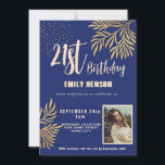 Invitation Joyeux 21e anniversaire Gold Foliage Photo Party<br><div class="desc">Joyeux 21e anniversaire Gold Foliage Photo Party Invitation. Fêtez un jalon dans le style avec notre Élégant invitation du 21e anniversaire. Doté d'un arrière - plan bleu marine sophistiqué orné d'un luxueux feuillage doré, ce design ajoute une touche de classe à toute célébration. Personnalisée avec votre photo, cette collection est...</div>